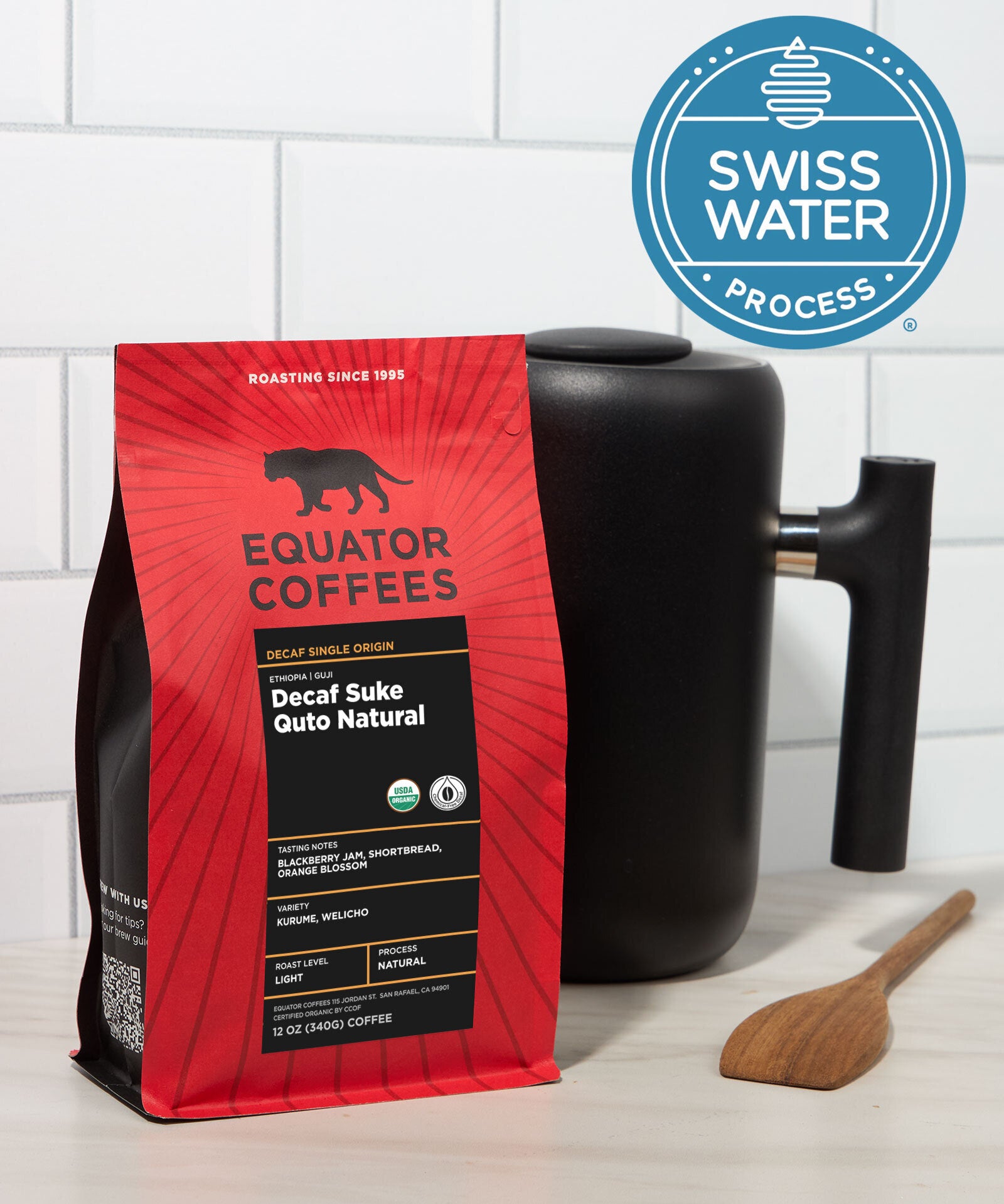 12oz bag of Decaf Suke Quto Natural with Swiss Water Process logo | Equator Coffees