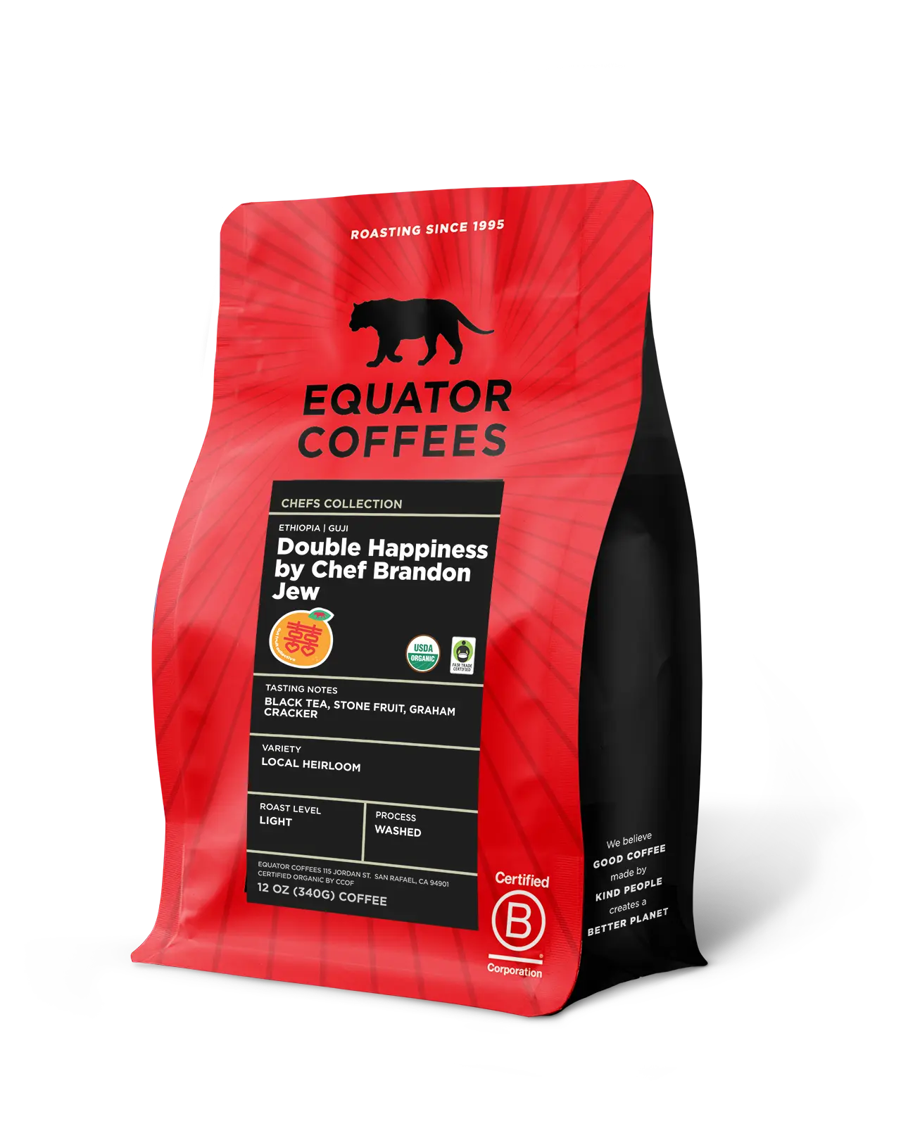 Ethiopia Double Happiness by Chef Brandon Jew | Certified Organic Ethiopian Coffee | 12oz Bag of Whole Bean Coffee | Equator Coffees