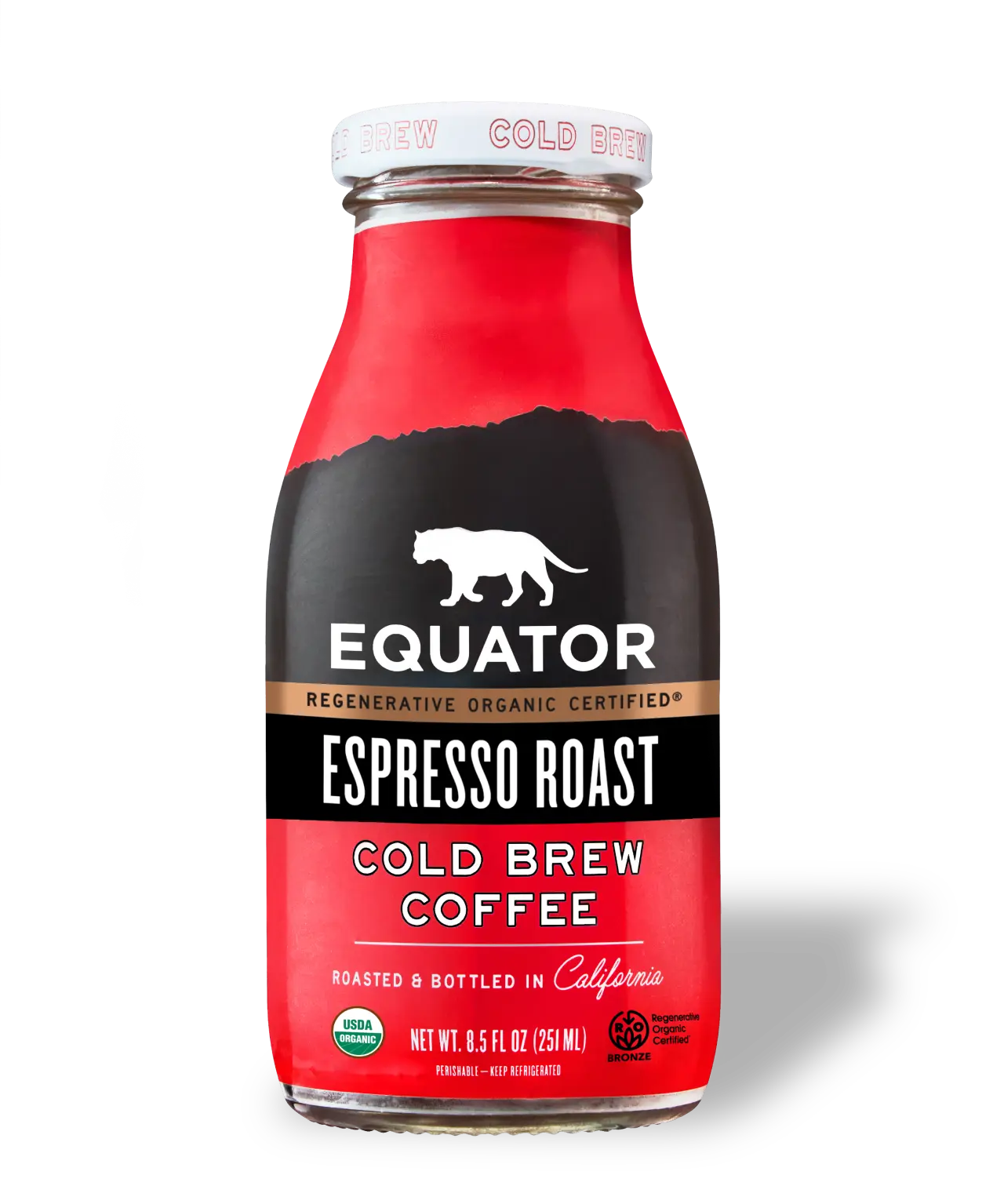 Regenerative Organic Certified Espresso Roast Organic Cold Brew Coffee | Roasted and Bottled in California | Front of 8.5 fl oz bottle | Equator Coffees