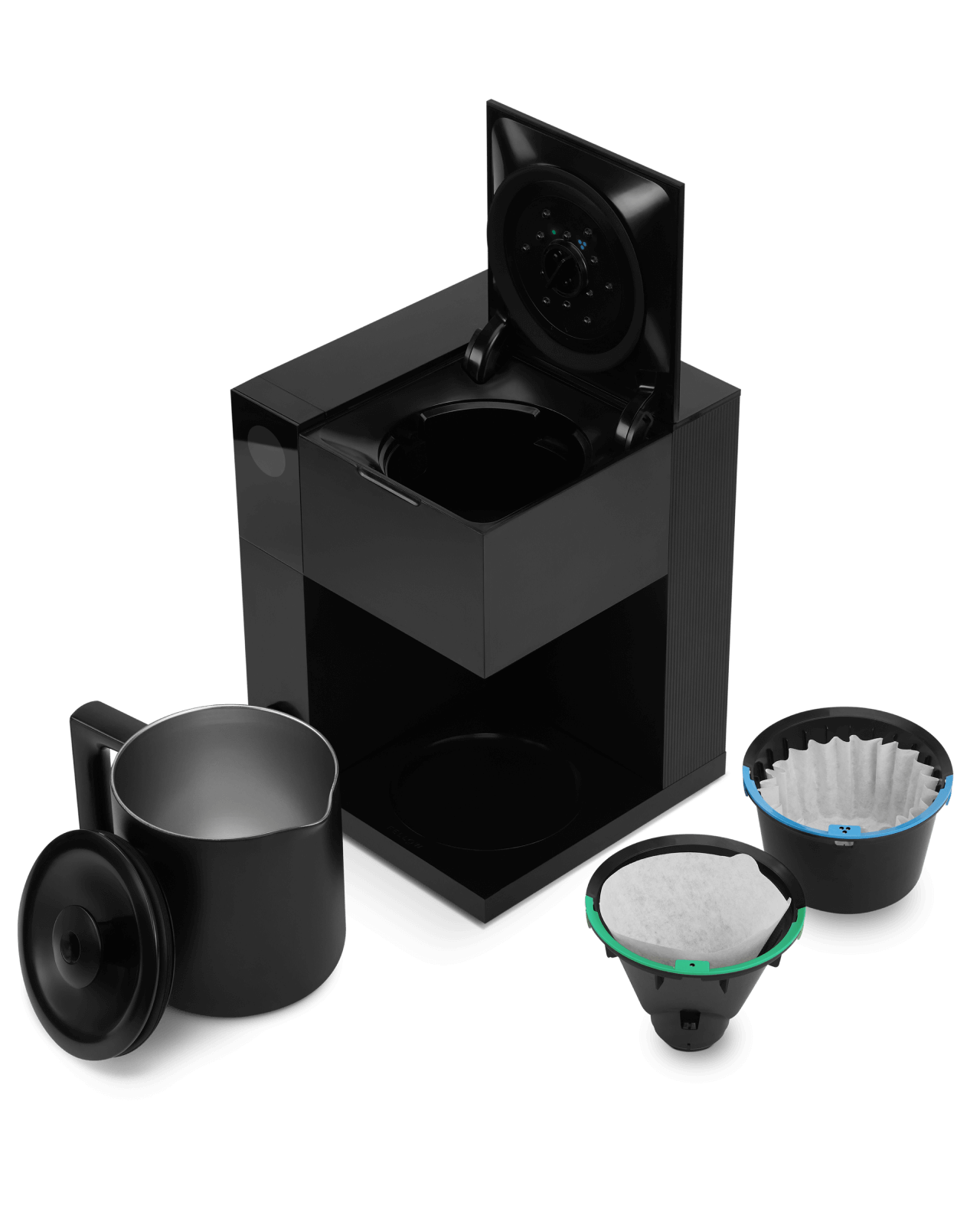 Fellow Aiden Precision Coffee Maker | All the components of this coffee maker: the Fellow Aiden, Insluated Carafe, and Two Filter attachments | Equator Coffees