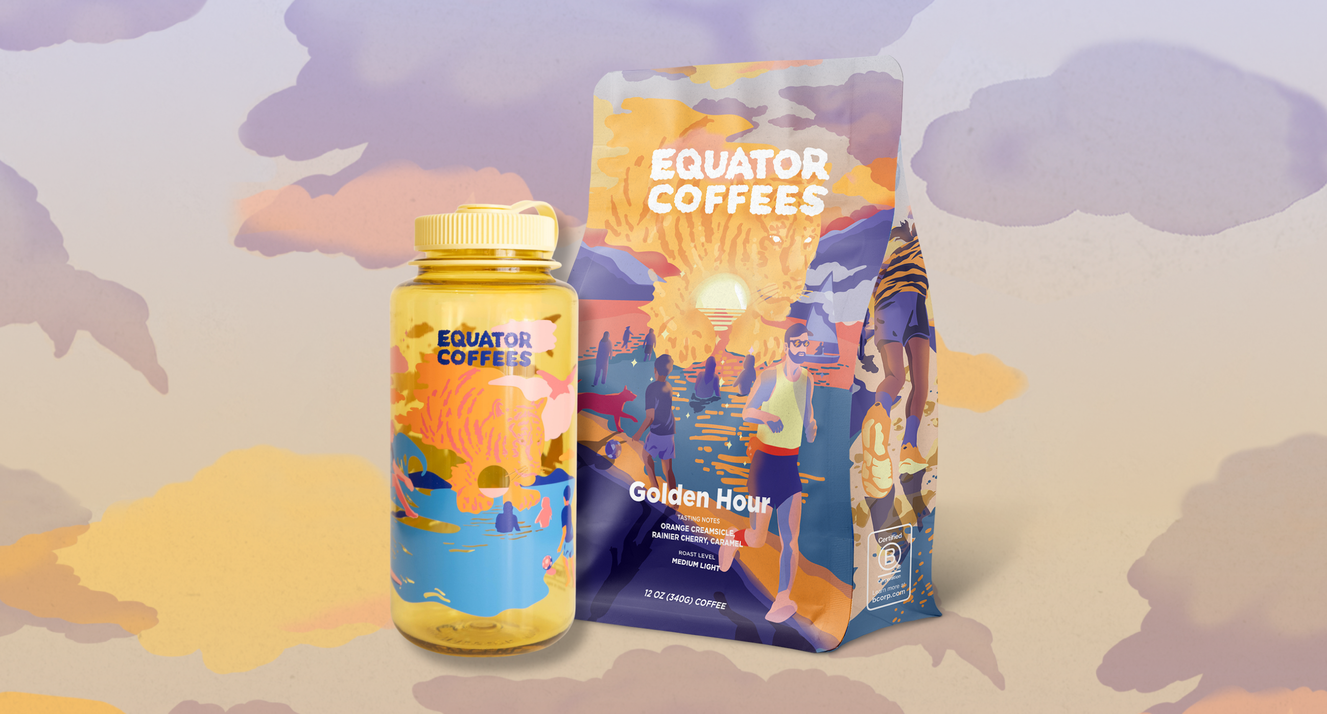 Golden Hour collection featuring 12oz bag of coffee and seasonal Nalgene water bottle | Equator Coffees
