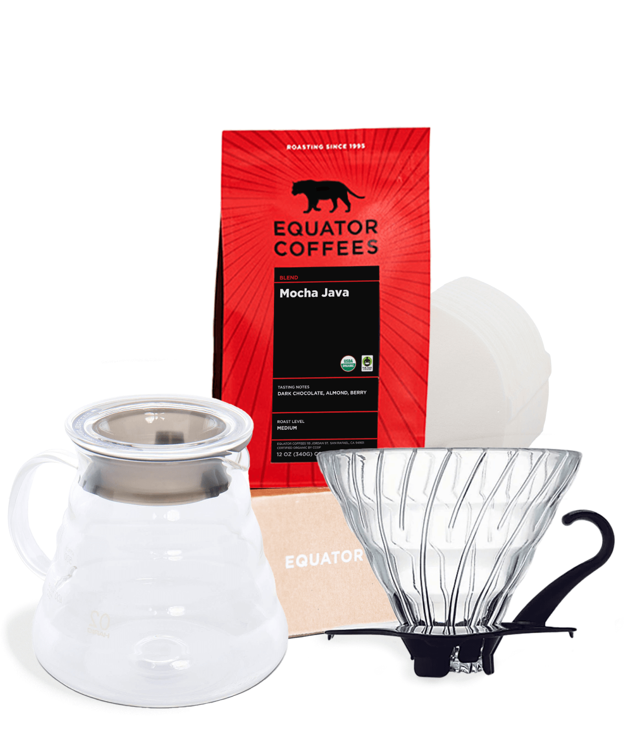Hario V60 Pourover Starter Kit | Hario Coffee Bundle | Hario V60 Bundle | Pourover Coffee Bundle | 12oz Bag of Whole Bean Coffee | Equator Coffees