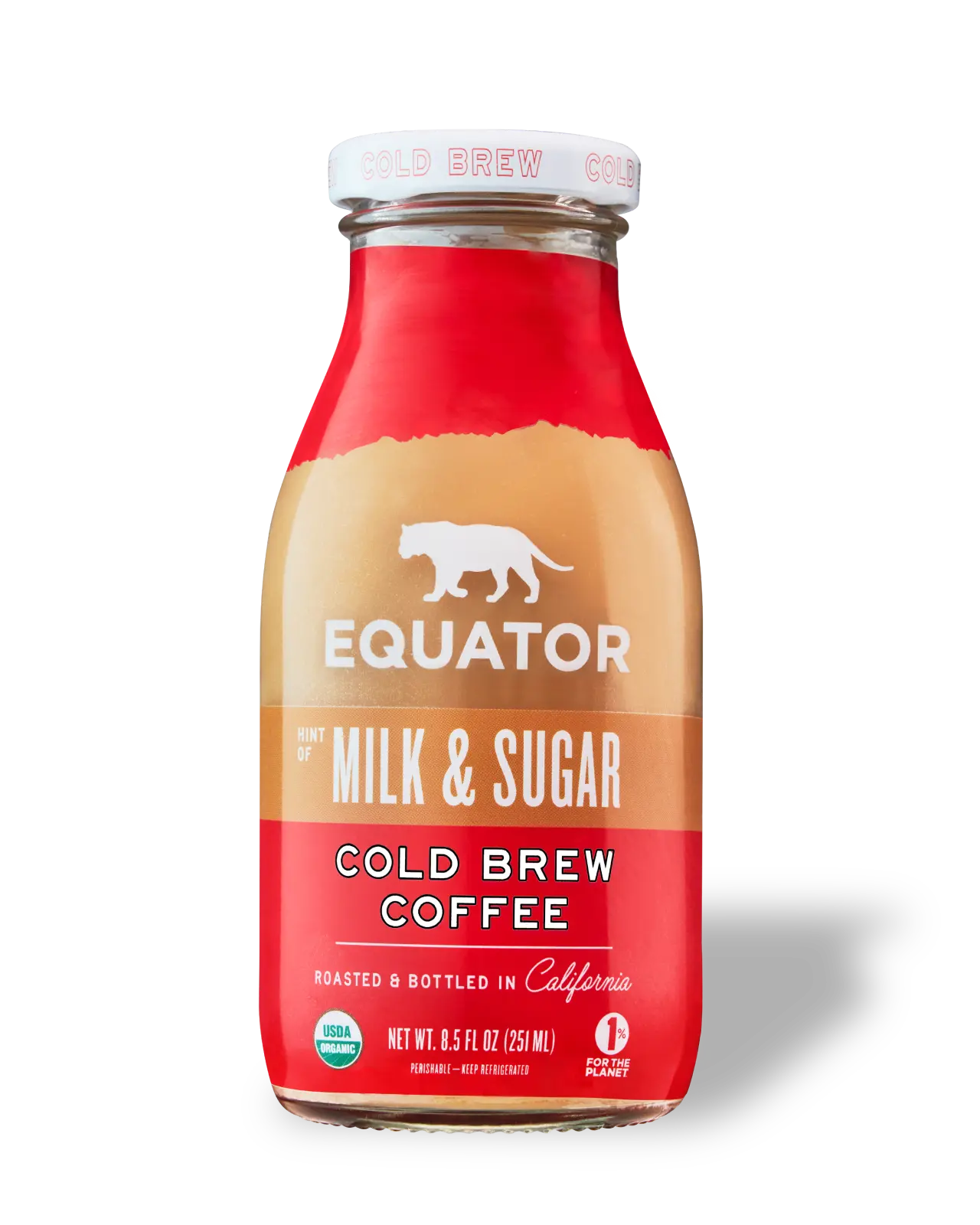 Hint of Milk and Sugar | Organic Cold Brew Coffee | Roasted and Bottled in California | Front of 8.5 fl oz bottle | Equator Coffees