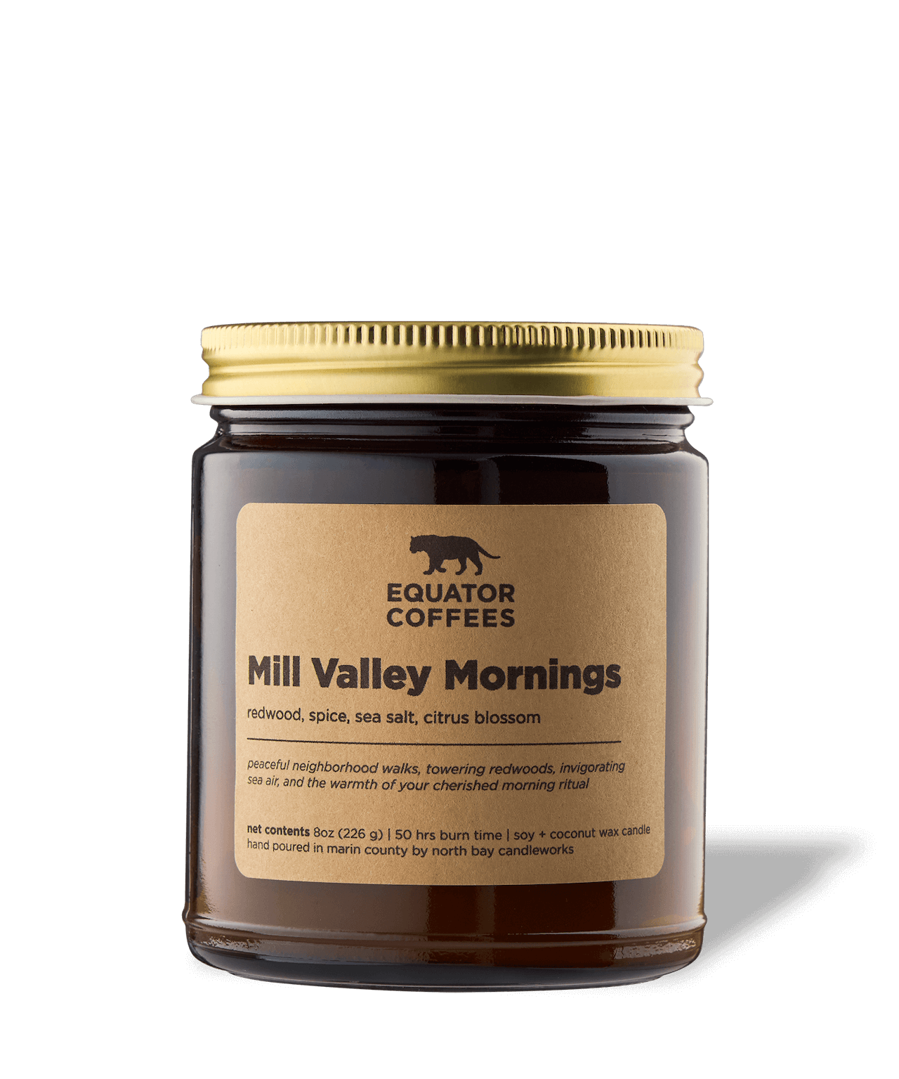 Mill Valley Mornings Candle | redwood, spice, sea sale, citrus blossom | peaceful neighborhood walks, towering redwods, invigorating sea air, and the warmth of your cherished morning ritual. | Equator Coffees