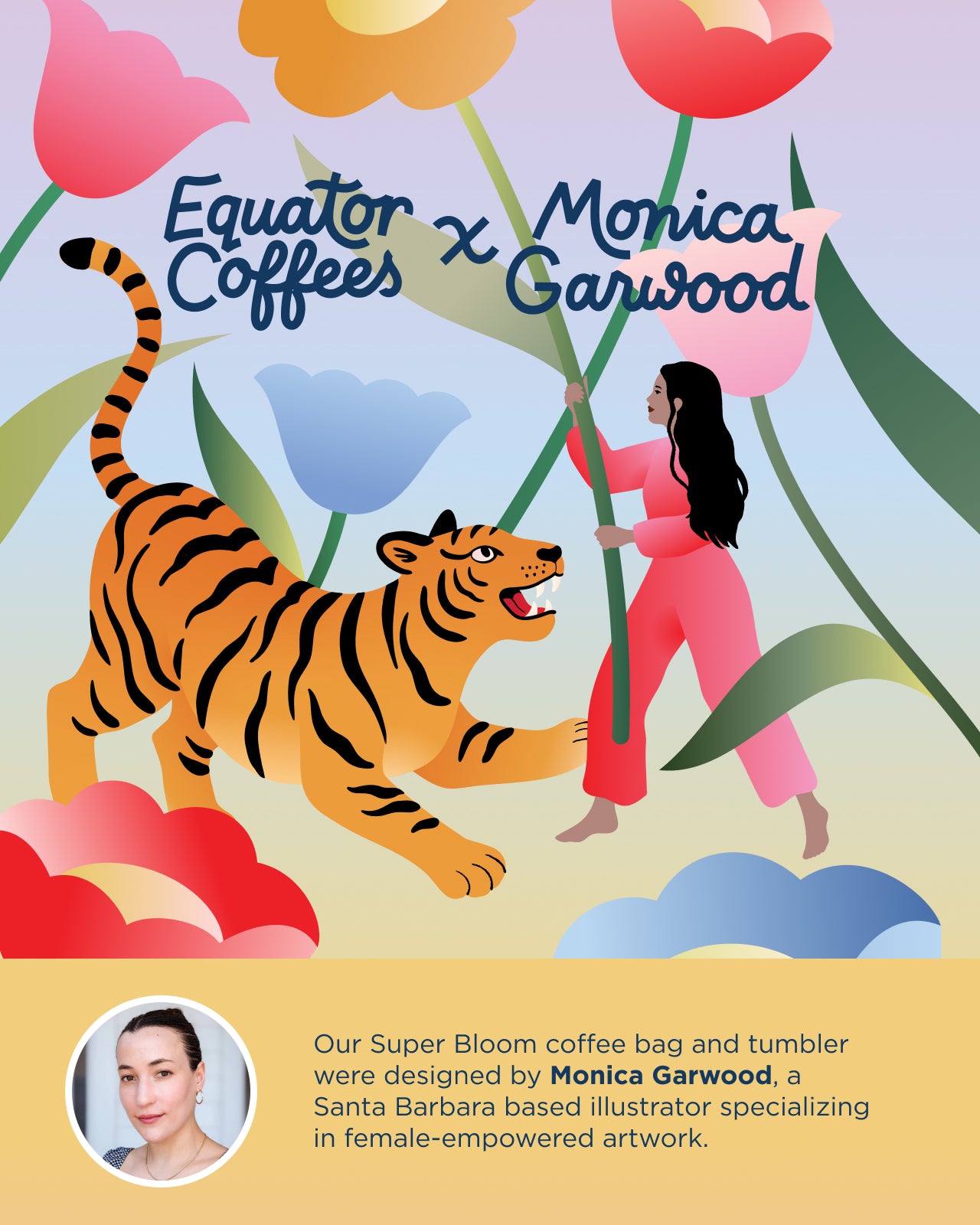 Promotional graphic for Equator Coffees x Monica Garwood featuring a tiger and a woman with flowers | Equator Coffees