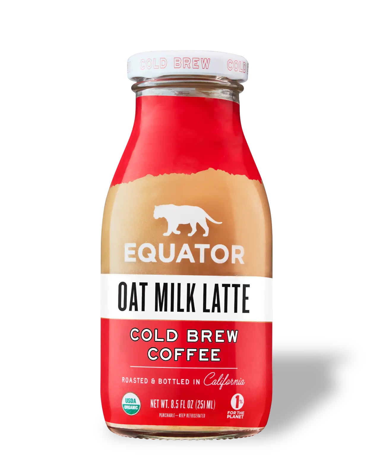 Oat Milk Latte Organic Cold Brew Coffee | Roasted and Bottled in California | Front of 8.5 fl oz bottle | Equator Coffees