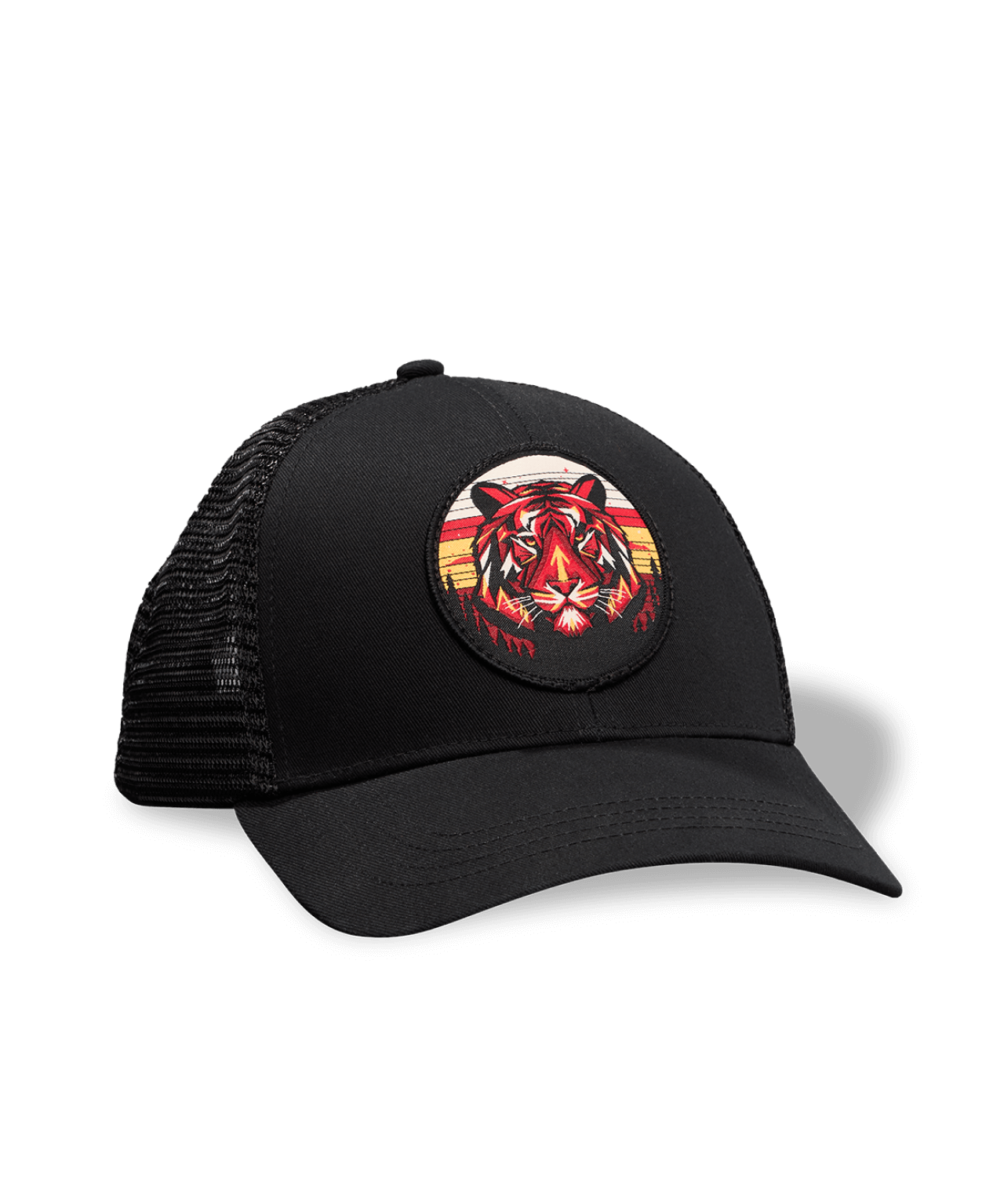 Equator Red Tiger Trucker Hat | Front of Black Cap | Equator Coffees
