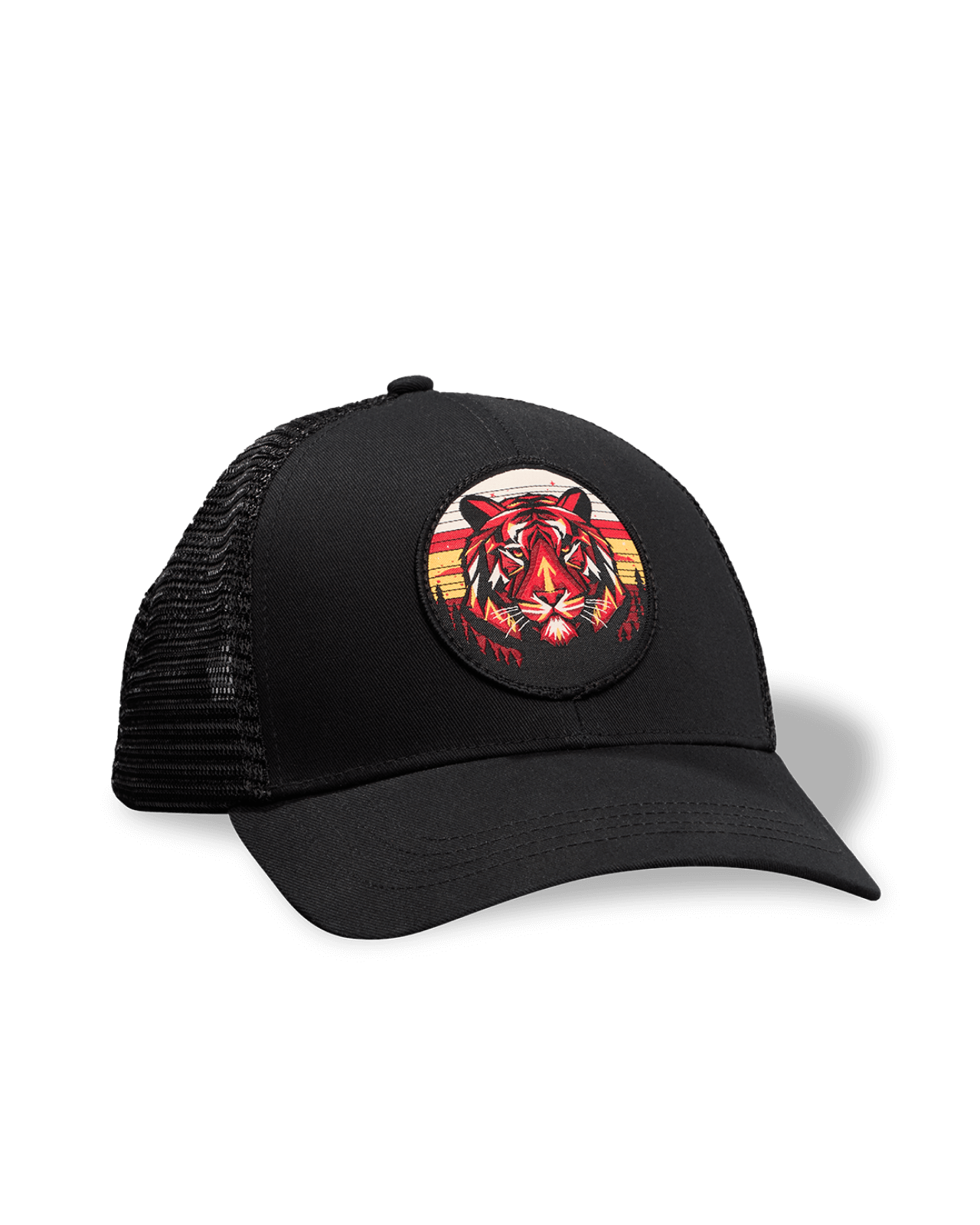 Equator Red Tiger Trucker Hat | Front of Black Cap | Equator Coffees