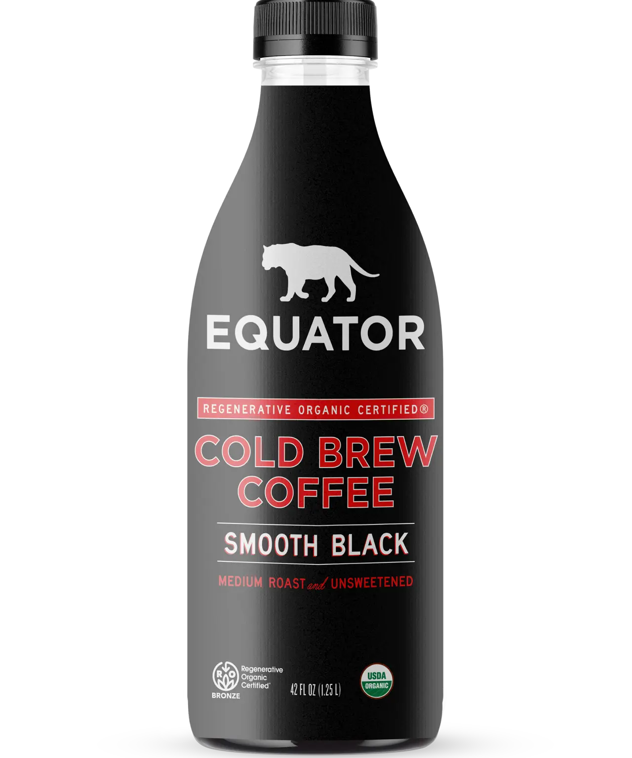 Smooth Black Organic Cold Brew Coffee | Medium Roast and Unsweetened | Front of 42 fl oz bottle | Equator Coffees