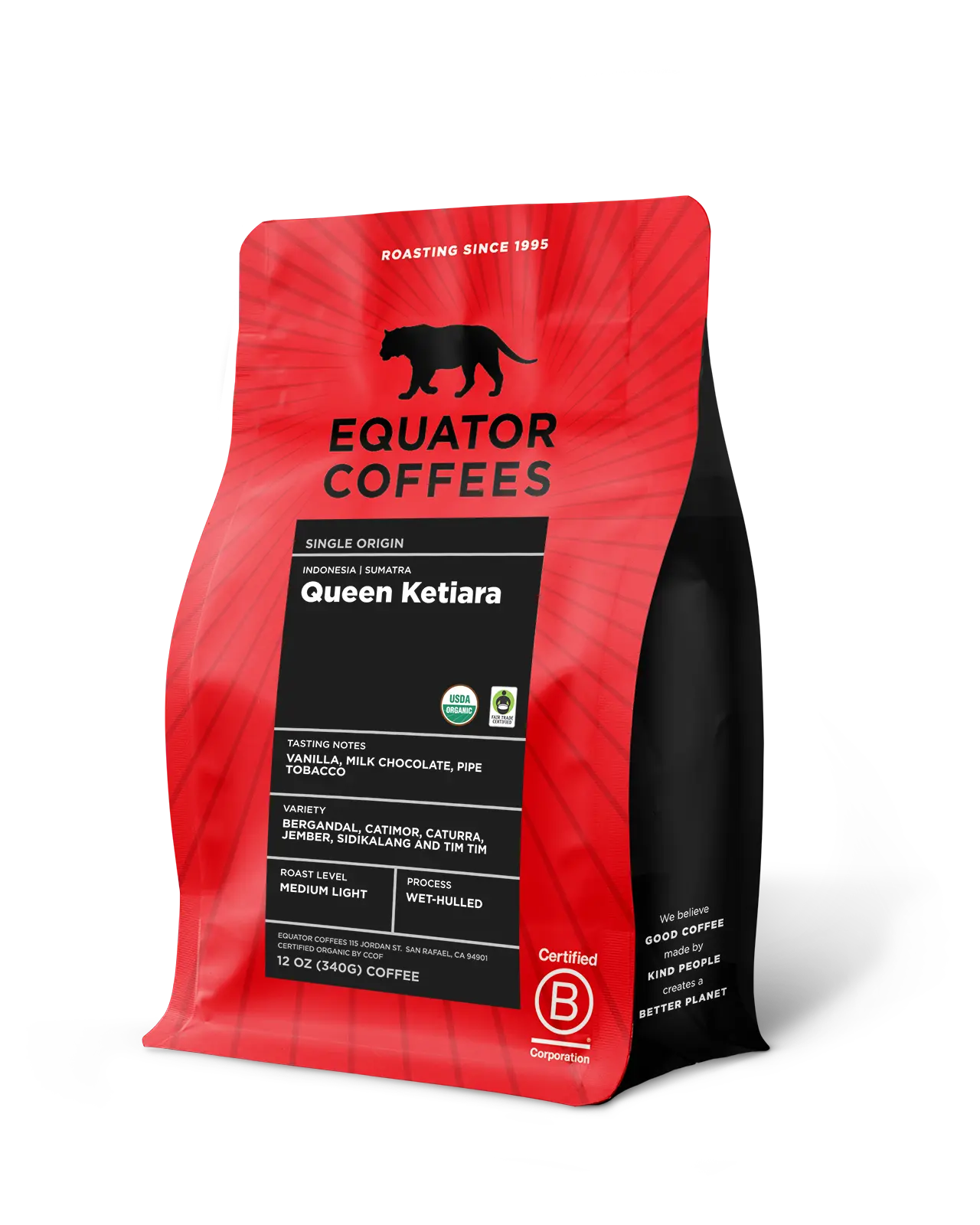 Sumatra Queen Ketiara Coffee | Sumatra Coffee | Coffee from Sumatra | Wet-Hulled Coffee | Fair Trade Coffee | Certified Organic Coffee | 12oz bag of Whole Bean Coffee | Equator Coffees
