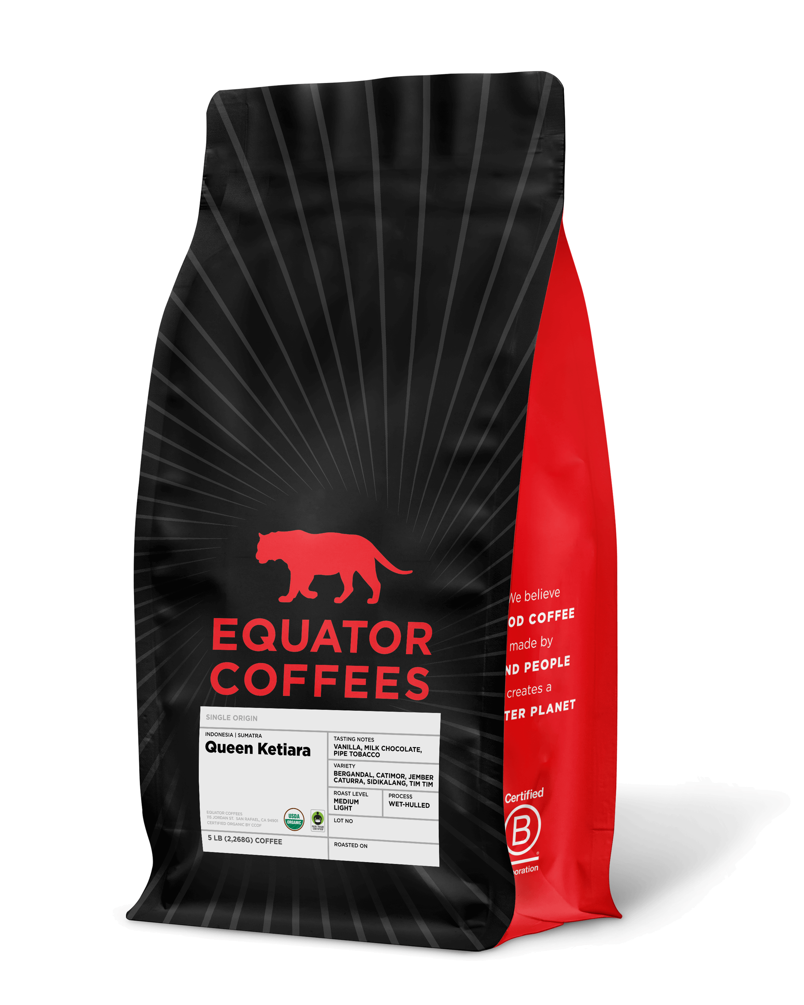 Sumatra Queen Ketiara Coffee | Sumatra Coffee | Coffee from Sumatra | Wet-Hulled Coffee | Fair Trade Coffee | Certified Organic Coffee | 5lb bag of Whole Bean Coffee | Equator Coffees