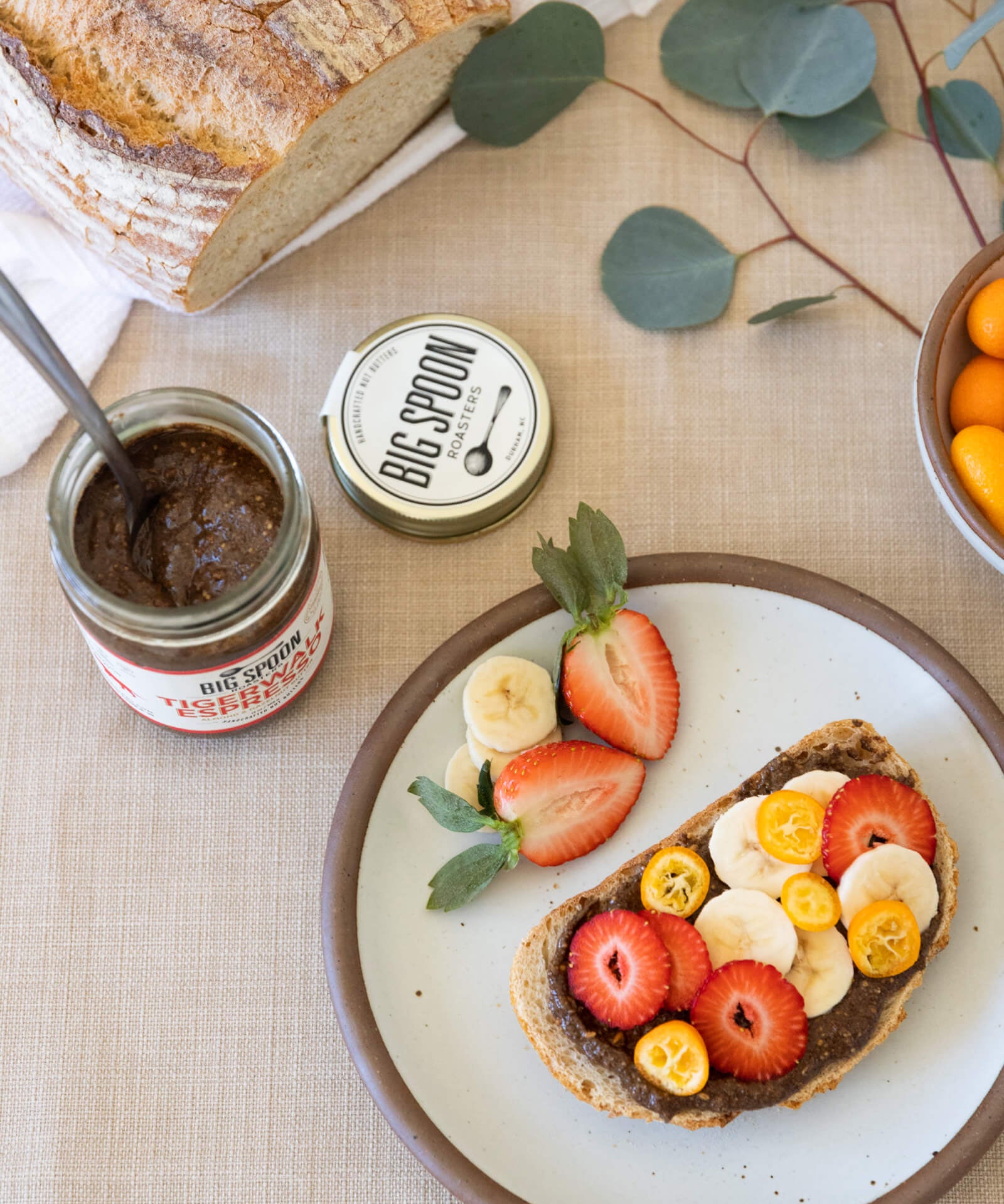Big Spoon Tigerwalk Espresso Nut Butter served for breakfast with strawberry and banana toast | Equator Coffees
