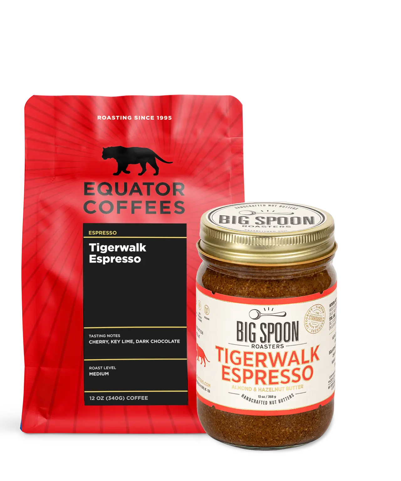 Tigerwalk Espresso Nut Butter Bundle | Espresso Gift Basket | 12oz Whole Espresso Beans with Big Spoon Nut Butter | Equator Coffees