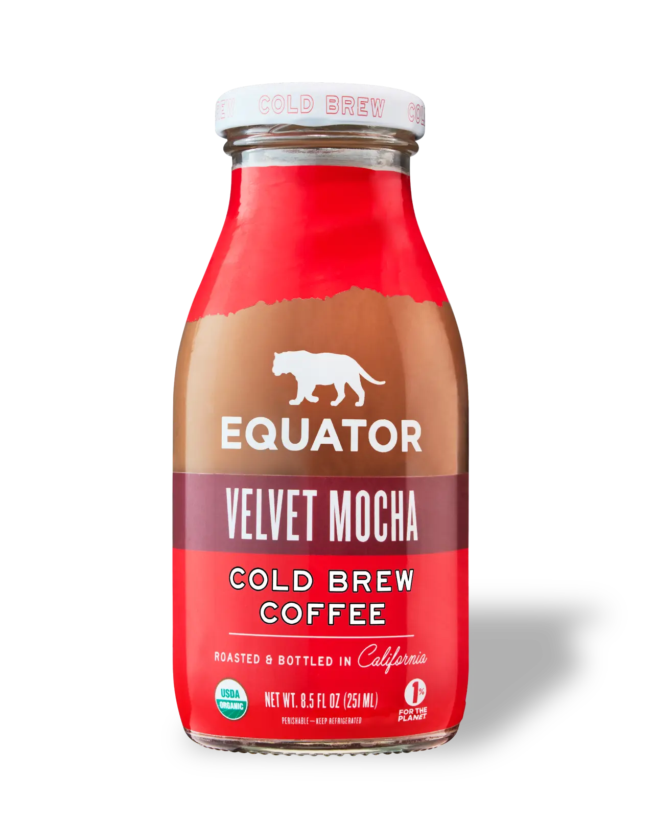 Velvet Mocha Organic Cold Brew Coffee | Roasted and Bottled in California | Front of 8.5 fl oz bottle | Equator Coffees